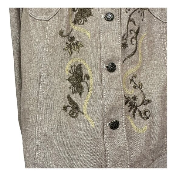 Chicos Metallic Embroidered Button-Up Jacket SZ 2 Beige Long Sleeve Cotton Blend - Picture 10 of 16
